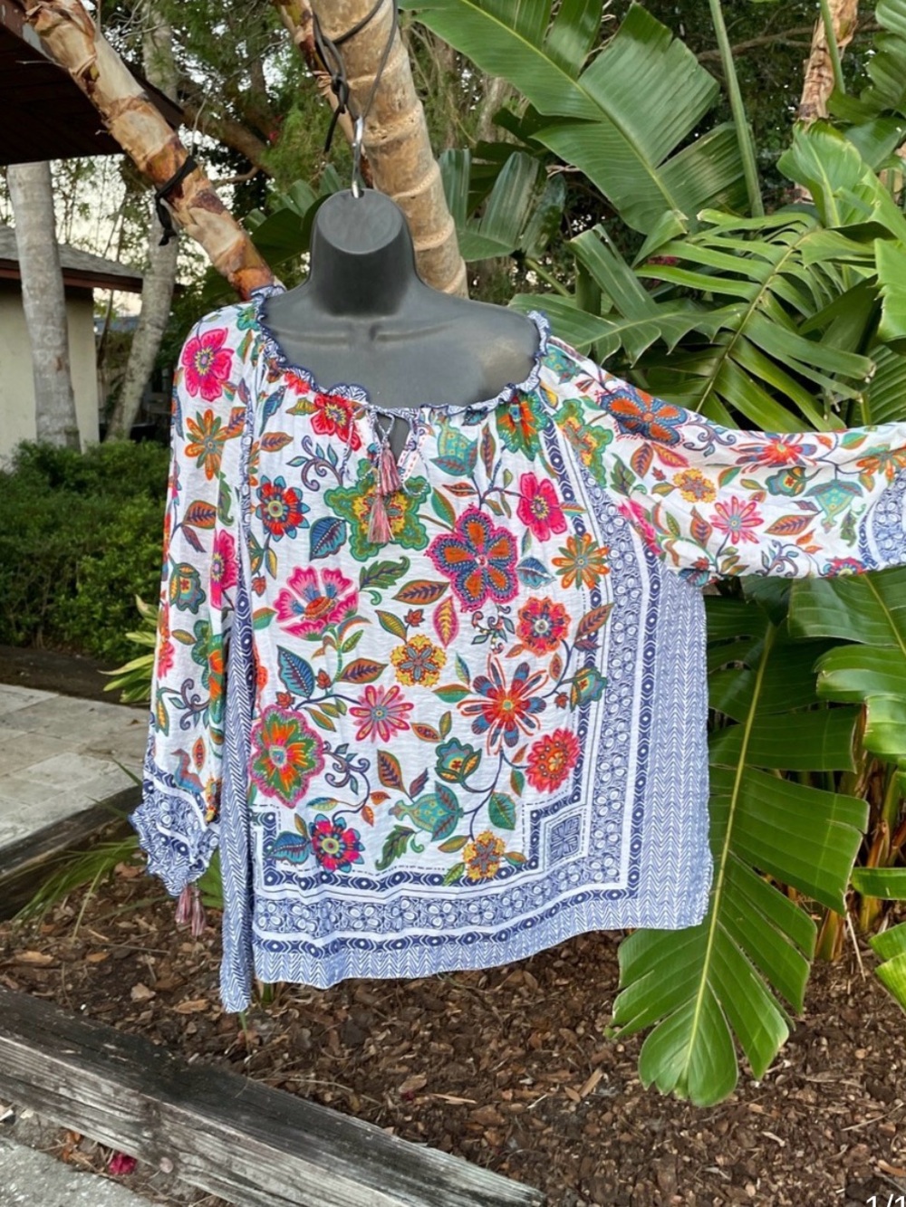 John plus Mark floral border print scarf, print top with tassels